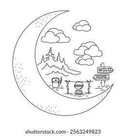 Camping with fire on Crescent Moon. Forest and moon patch in line art style. For printing on mugs and T-shirts. Black outline on white background. Nature and travel concept. Vector illustration.