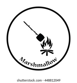 Camping fire with roasting marshmallow icon. Thin circle design. Vector illustration.