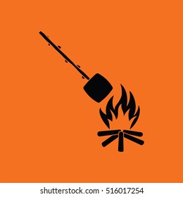 Camping fire with roasting marshmallow icon. Orange background with black. Vector illustration.