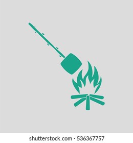 Camping fire with roasting marshmallow icon. Gray background with green. Vector illustration.