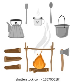 camping fire set on the white background