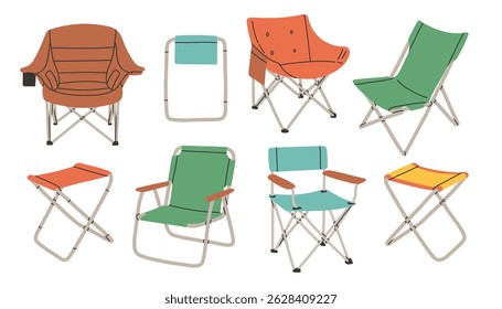 Cadeira de acampamento ou pesca. Mobiliário portátil de verão ao ar livre para viagens. Escalada, caminhadas, esporte de trilha, turismo de aventura, viagens, mochileiros.