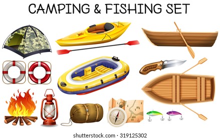 Camping and fishing equipments illustration