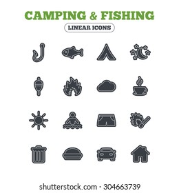 Camping and fishing icons. Tourist tent, fire and match symbols. Coffee cup and hamburger. Car and house. Fish, hook and float bobber thin outline signs. Line icon with black border. Vector