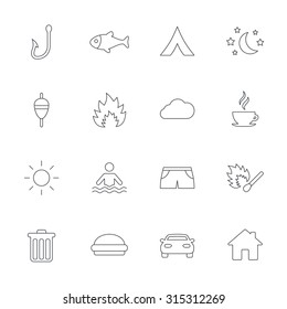 Camping and fishing icons. Tourist tent, fire and match symbols. Coffee cup and hamburger. Car and house. Fish, hook and float bobber thin outline signs. Outline line icons on white background. Vector