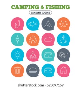 Camping and fishing icons. Tourist tent, fire and match symbols. Coffee cup and hamburger. Car and house. Fish, hook and float bobber thin outline signs. Flat speech bubbles with linear icons. Vector