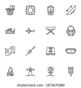 Camping and fishing line icons set, outline vector symbol collection, linear style pictogram pack. Signs, logo illustration. Set includes icons as hunting, hiking, backpack, campfire, binoculars