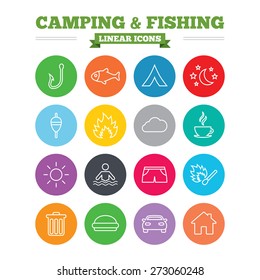 Camping and fishing linear icons set. Tourist tent, fire and match symbols. Coffee cup and hamburger. Car and house. Fish, hook and float bobber thin outline signs. Flat circles vector