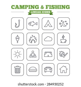 Camping and fishing linear icons set. Tourist tent, fire and match symbols. Coffee cup and hamburger. Car and house. Fish, hook and float bobber thin outline signs. Flat square vector