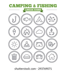 Camping and fishing linear icons set. Tourist tent, fire and match symbols. Coffee cup and hamburger. Car and house. Fish, hook and float bobber thin outline signs. Flat vector