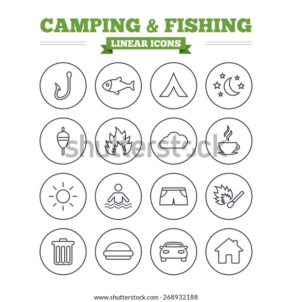 Camping and\
fishing linear icons set. Tourist tent, fire and match symbols.\
Coffee cup and hamburger. Car and house. Fish, hook and float\
bobber thin outline signs. Flat\
vector