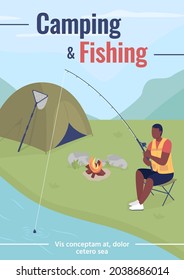 Camping and fishing poster flat vector template. Weekend trip for relaxation. Brochure, booklet one page concept design with cartoon characters. Recreational hobby flyer, leaflet with copy space
