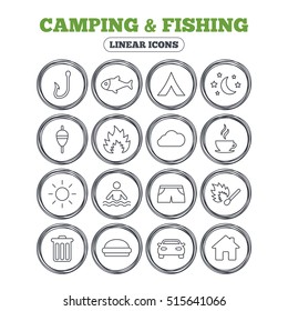 Camping and fishing. Tourist tent, fire and match symbols. Coffee cup and hamburger. Car and house. Fish, hook and float bobber thin outline signs. Circle flat buttons with linear icons. Vector