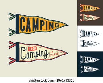 Camping flag pointer for camping and travel. Colored set vector Illustration for traveler and tourist. Outdoor adventure equipment. Sport activity