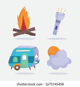 camping flashlight bonfire trailer and sun vacations activity adventure design vector illustration