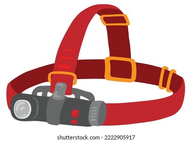 Camping flashlight headlamp with red straps for head. Hand drawn vector illustration. Suitable for website, stickers, postcards.