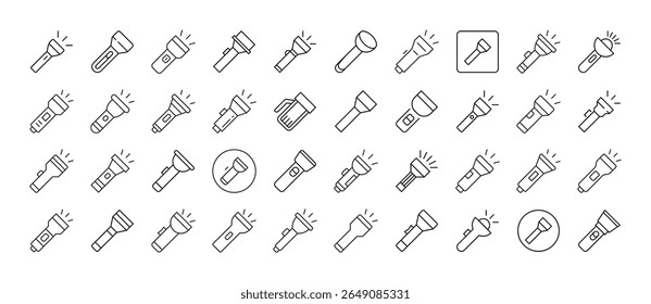 Camping Flashlight Line Icon Bundle. Outline Signs para Gráficos e Web Design, Apps, Anúncios, Vários Cartões 
