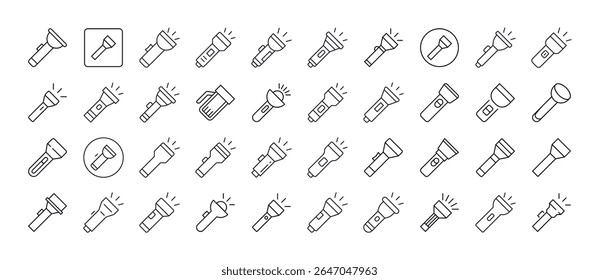 Camping Flashlight Line Icon Collection (Coleção de ícones). Outline Signs para Gráficos e Web Design, Apps, Anúncios, Vários Cartões 