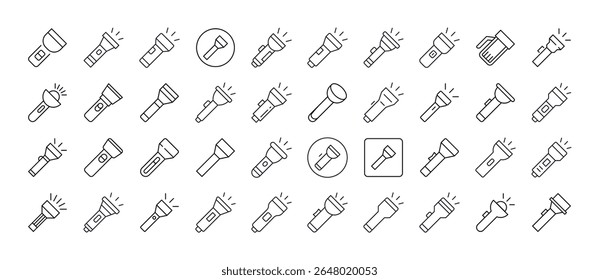 Camping Flashlight Line Icon Pack. Outline Signs for Graphic and Web Design, Apps, Adverts, Various Cards 