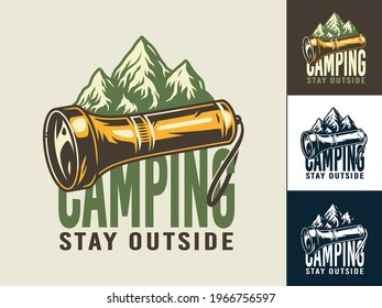 Camping flashlight, mountain and rock for outdoor travel expedition or t-shirt print, emblem. Set of camp