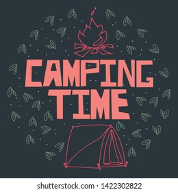 Camping flat collage illustration. Summer camping slogan. Summer holidays. Colorful poster, banner, t-shirt design