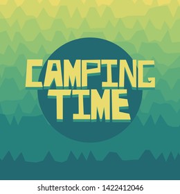 Camping flat collage illustration. Summer camping slogan. Abstract wooden trees background. Colorful poster, banner, t-shirt design