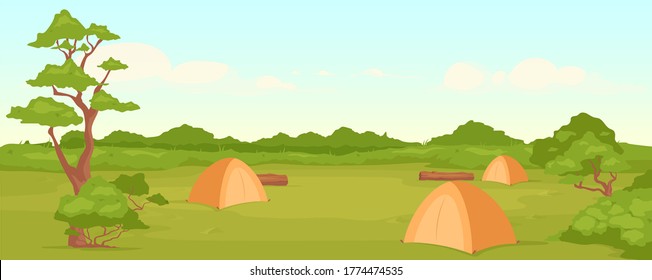 Camping flat color vector illustration. Recreation in nature. Summertime active leisure. Backpacking journey. Campsite 2D cartoon landscape with green valley and woodland on background