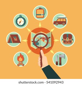 Camping flat composition with outdoor recreation symbols vector illustration
