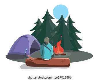 Camping flat design. A lonely man sits on a log by the fire at night. Nearby is a tent. In the distance you can see pines and Christmas trees, the sky is full moon.