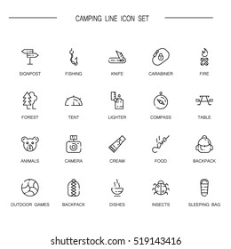 Camping flat icon set. Collection of high quality outline symbols of meat food for web design, mobile app. Vector thin line  icons or logo of animals, tent, compass, table, fire, forest. etc.