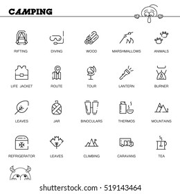 Camping flat icon set. Collection of high quality outline symbols of meat food for web design, mobile app. Vector thin line  icons or logo of animals, mountains, thermos,caravans, te, etc.