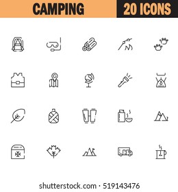 Camping flat icon set. Collection of high quality outline symbols of meat food for web design, mobile app. Vector thin line  icons or logo of animals, mountains, thermos,caravans, te, etc.