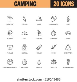 Camping flat icon set. Collection of high quality outline symbols of meat food for web design, mobile app. Vector thin line  icons or logo of animals, tent, compass, table, fire, forest. etc.