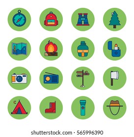 camping flat icon set, illustration, vector, travel, backpack, jungle
