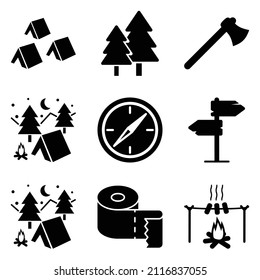 Camping Flat Icon Set Isolated On White Background