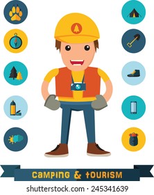camping flat icons with the character in vector format