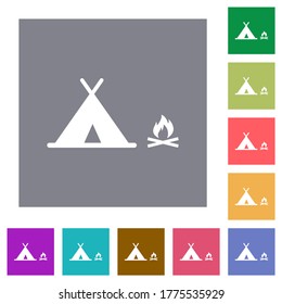Camping flat icons on simple color square backgrounds
