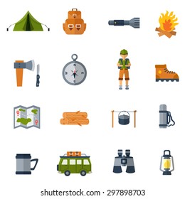 Camping flat icons set with binocular tent camper and firewood isolated vector illustration