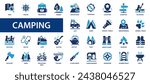 Camping flat icons set. Camp, domestic tourism, hiking, picnic, forest icons and more signs. Flat icon collection.