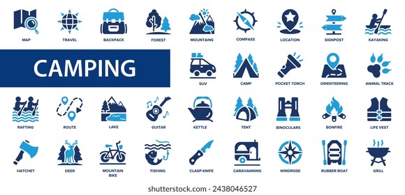 Camping flat icons set. Camp, domestic tourism, hiking, picnic, forest icons and more signs. Flat icon collection.