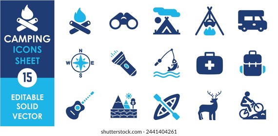 Camping flat icons set. Camp, domestic tourism, hiking, picnic and so on. Flat vector travel and hike icons set.