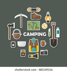 Camping flat icons set in round shape with hiking equipment on grey background isolated vector illustration