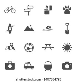 camping flat icons for web and ui design. summer camping vector icons set isolated on white background. summer camping recreation concept