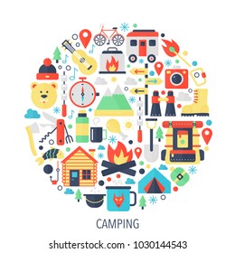 Camping flat infographics icons in circle - color concept illustration for Camping mountains cover, emblem, template.