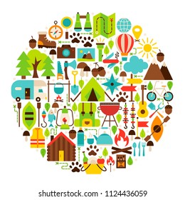 Camping Flat Objects Circle. Vector Illustration of Summer Camp Symbols.