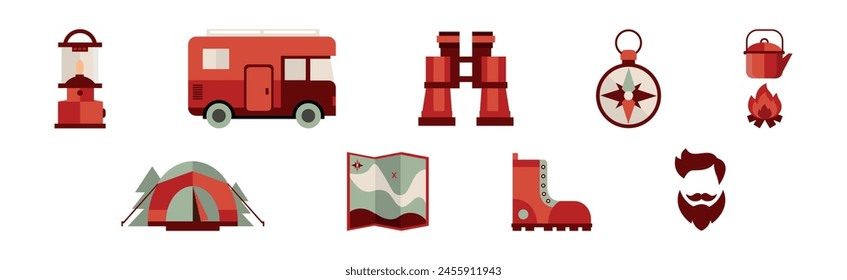 Camping Flat Red Icon und Expedition Element Vektorgrafik Set