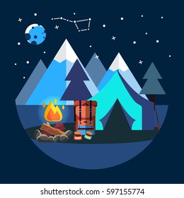 Camping flat set with hiking equipment vector illustration