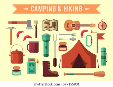 Camping flat set with hiking equipment vector icons set