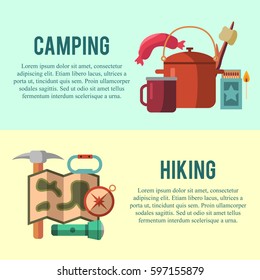 Camping flat set with hiking equipment vector illustration