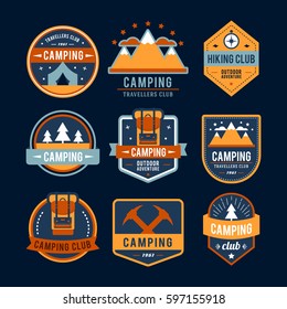 Camping flat set with hiking equipment vector logo